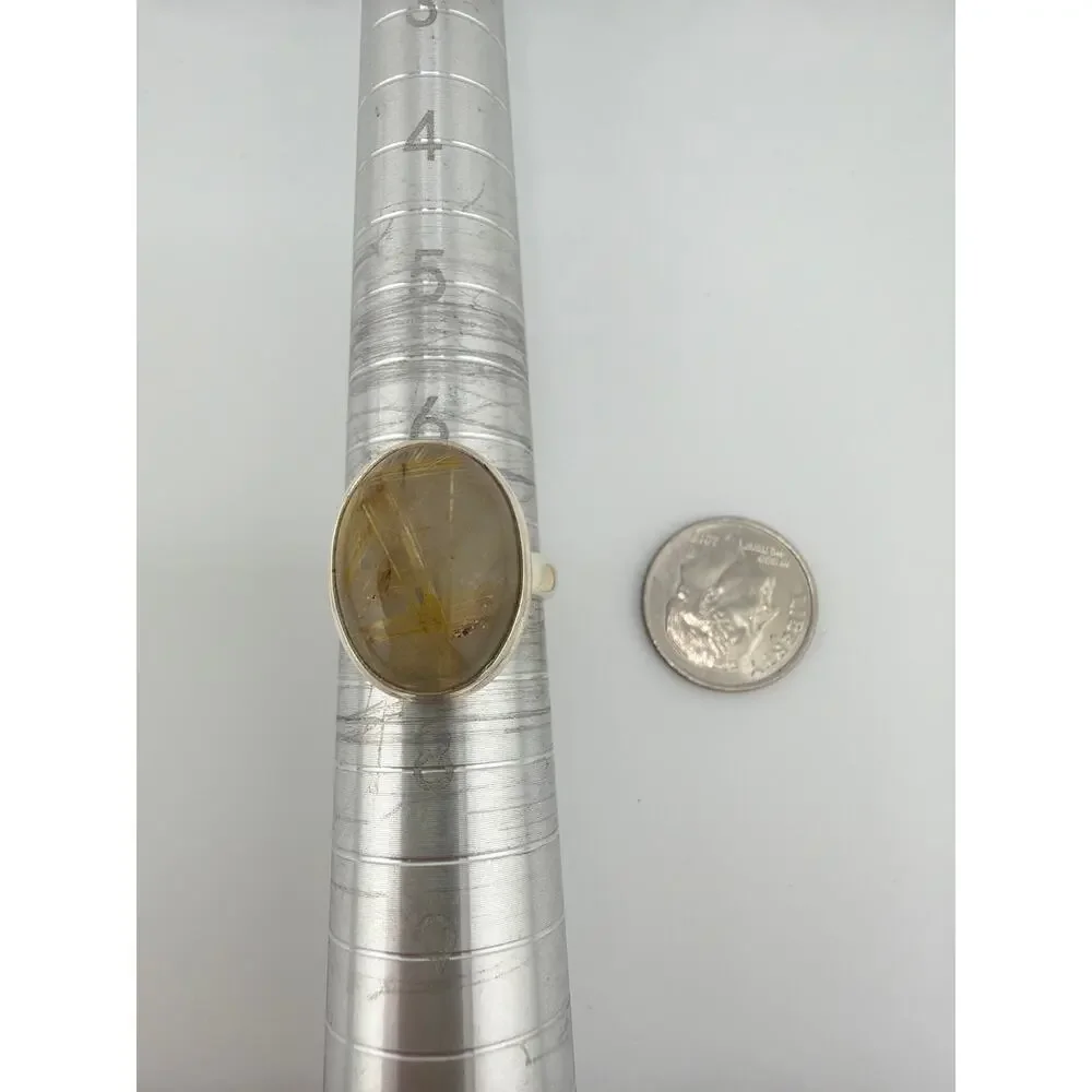 Oval Rutilated Quartz 925 Sterling Silver Statement Ring Size 7
